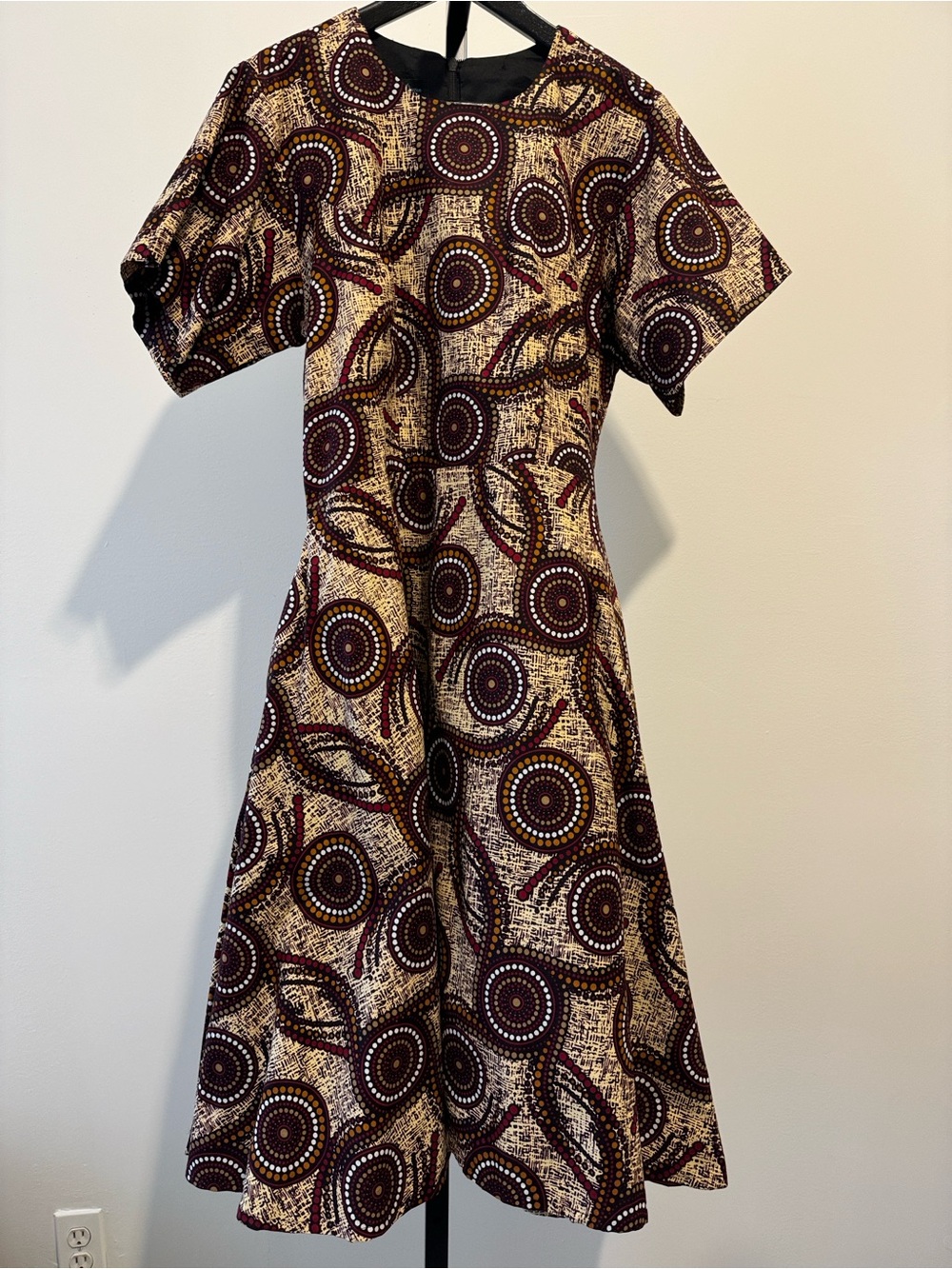 Ray Darten African Print Short-Sleeve Midi Dress in Burgundy and Cream